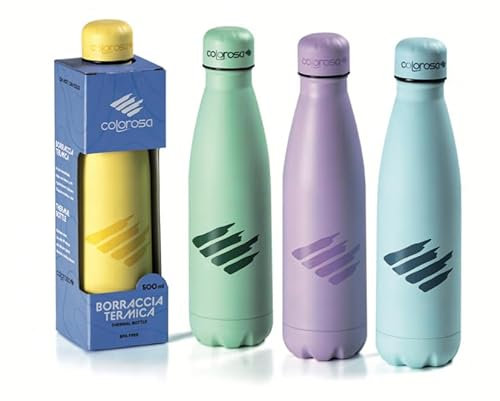 colorosa Borraccia termica in acciaio inox 500ml - chiusura ermetica - Mantiene caldo 12 ore/freddo 24 PASTEL colore tinta unita (Lilla Pastello)