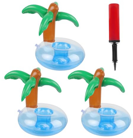 3 Pcs Inflatable Drink Holder Floats, Cute Palm Tree Inflatable Cup Coasters Floating Beer Water Bottle Beverage Holders for Kids Family Pool Party Summer Beach Party Hot Tub Bathing, with Air Pump