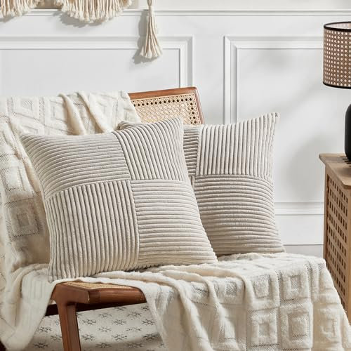 FDTERN Lot de 2 Boho Housse de Coussin 45x45 Taupe,à Motif Croisé Decoration Housses de Coussin en Velours Côtelé,Douillet Taie d'oreiller Housse Coussin Moderne pour Canapé Chambre Chaise Lit