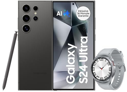 Samsung Galaxy S24 Ultra AI Smartphone, Android-Handy ohne Vertrag, 12GB RAM/512GB Speicher, 200-MP-Kamera, S Pen, Lange Akkulaufzeit, Titanium Black + Galaxy Watch6 Classic Smartwatch, 47 mm, Silber