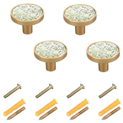 Yuiboo 4 Pack Furniture Handles and Knobs Wild Floral Green Wood Knobs for Dresser Drawers Kitchen Cabinet Knobs Black for Wardrobe Door and Drawer 1.26(32mm)
