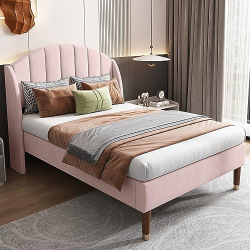 Merax 3ft Velvet Upholstered Bed, Single Bed 90x190cm, Youth Bed with Slatted Frame and Headboard, Wooden Slatted Support,Mattress Not Included, Pink