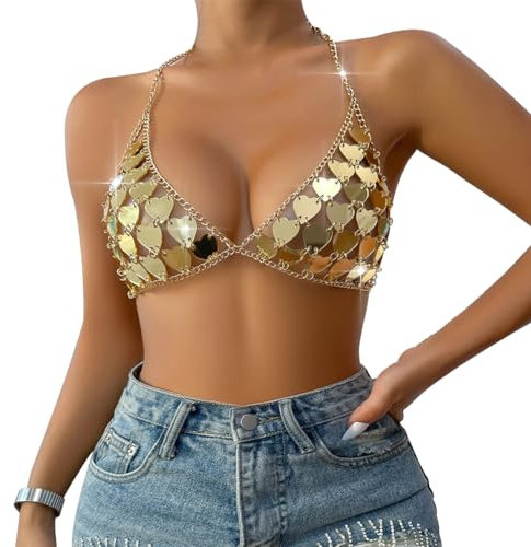 Glitzerndes Crop-Top mit Pailletten, BH-Top, Körperketten, Top, Damen, sexy Neckholder, bauchfreies Top, rückenfrei, Quasten-Top, V-Ausschnitt, Bluse, T-Shirts, Neckholder, Tank-Tops mit verstellbarem