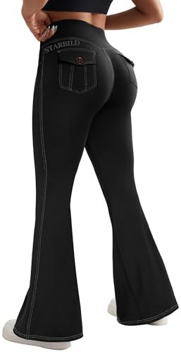 STARBILD Schlaghose Damen Sport Leggings Flared, High Waist Yogahose mit Klappentaschen Blickdicht für Fitness Gym Alltag, Cargotasche - Schwarz M