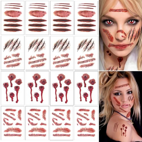 Halloween Tattoo Narben,12 Blatt Tattoo Wunden Gesicht Scars Realistische Motive Aufkleber Wasserdichte Temporäre Tattoos Blut Tattoo für Karneval Halloween Schminken