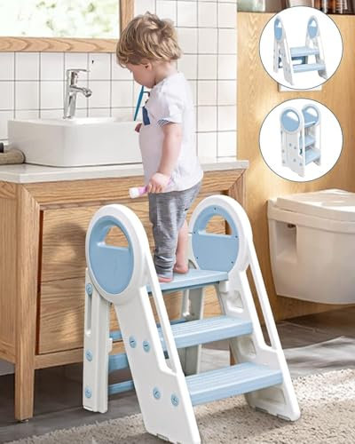 Kid Step Stool Plastic Toddler Step Stool for Kids Three Step Standing Tower for Kitchen/Bathroom/Toilet Potty Training, Learning Helper with Handles and Safety Non-Slip Pads (Blue)