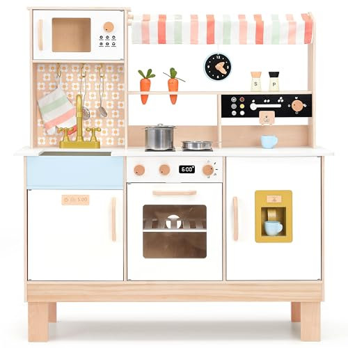 PairPear Cocina de juguete para niños, juego de cocina de juguete de madera con cafetera, máquina de hielo y accesorios de cocina de juego, juguetes de cocina para niños pequeños, regalo para niñas y