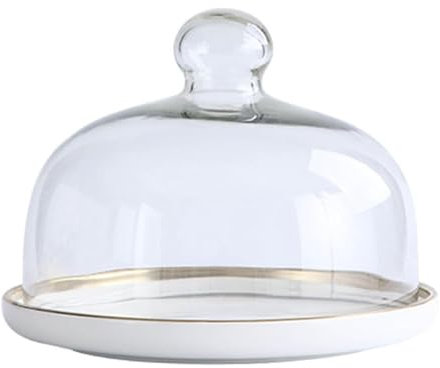Gaxcent Kuchenhaube Keramik Kuchenplatte Glas, Kuchenglocke Ständer Tortenständer Glashaube Lebensmittel Abdeckung Für Hochzeit Geburtstag Party,Weiß,25cm