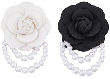 SUPERFINDINGS 2 Stück 2 Farben Camellia Blumen Brosche Anstecknadel Mit Perlenkette Vintage Kragen Brosche Clip Hochzeitsbroschen Künstliche Rosen Korsage (Schwarz & Weiß)