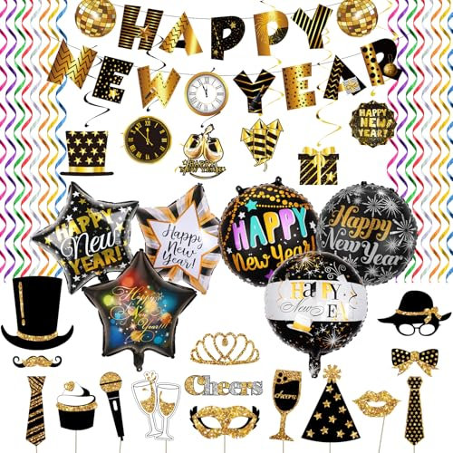 WAZIWE Silvester Deko 2025, Happy New Year Deko 2025, Deko Silvester Party 2025 umfasst Happy New Year Girlande、Luftschlangen Silvester、Tischdeko Silvester、Silvester Ballon、Hänge Dekoration