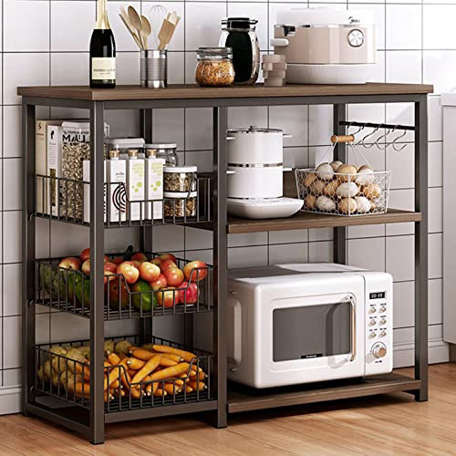 Organizador de cocina con mesa de madera y soporte de metal para microondas y estante de panadería, organizador de isla de cocina de 80 cm