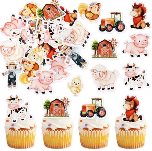 Blumomon 45 Stück Bauernhof tiere Cupcake Toppers Kuh Schaf Schwein Huhn essbar Cake Dekorationen Scheune Bauernhof Tiere Kuchen Dekorationen für Kindergeburtstag Party