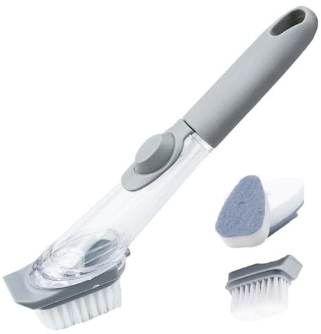 Spülbürste,Spülbürste mit Spülmittelspender,Geschirrbürste mit 3 Bürstenköpfe,Multifunktionale Küchen Bürste für Geschirr,Abwaschbürste Graue Spülbürste,für Topf,Pfanne,Spüle Reinigung
