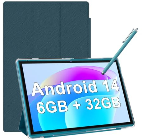 Tableta Android de 10 pulgadas con funda Stylus Android 14 tabletas 6GB RAM 32GB ROM, soporte de expansión de 1 TB, batería de 6000 mAh, pantalla táctil IPS HD de 10.1 pulgadas, 2 MP+8 MP, cámara dual