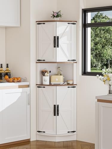 FiveWillowise 165cm Tall Farmhouse Corner Cabinet with Barn Doors, 5-Tier Corner Storage Cabinet for Living Room, 4 Wooden Doors and 5 Shelves, Space Saving Freestanding Sideboard for Home, Kitchen