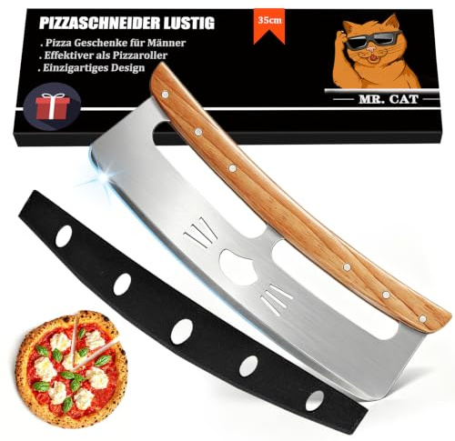 Pizzaschneider Lustig,Pizza Zubehör,Pizza Geschenk für Männer,Papa | Pizza Wiegemesser mit Holzgriff,35 cm Edelstahl Klinge,Klingenschutz,Pizzamesser (Pizza Cutter) effektiver als Pizzaroller