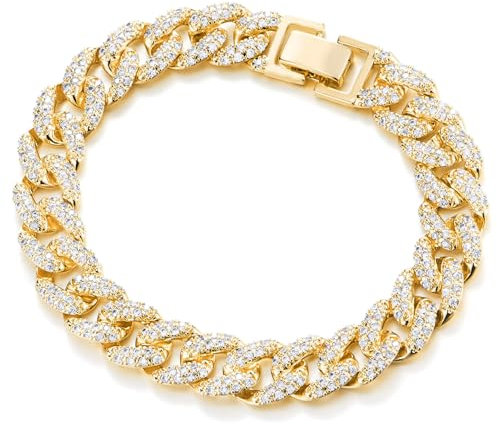 COOLSTEELANDBEYOND Bracelet Femme Maille Cubaine Strassée, Bijou Hip-Hop Doré avec Strass, Cadeau Chaîne Bling Tendance