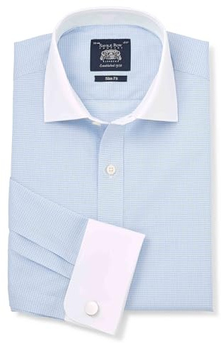 THE SAVILE ROW COMPANY LONDON Men's Slim Fit Cotton Poplin Long Sleeve Winchester Shirt - Double Cuff - Sky Blue Gingham Check - 15 Collar - Standard