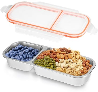 Nilioyul Snack Box Stainless Steel Lunch Box with 2 Compartments for Kids Leakproof Bento Box Reusable Storage Meal Prep Snack Containers for School Work Travel Camping