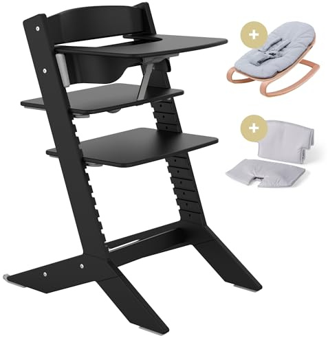 Kinderhochstuhl Holz Nala, Kinderstuhl Komplett-Set, mitwachsender & ergonomischer Hochstuhl Baby bis Erwachsene, höhenverstellbar mit One-Click-System, Babystuhl belastbar bis 90kg I Farbe Schwarz