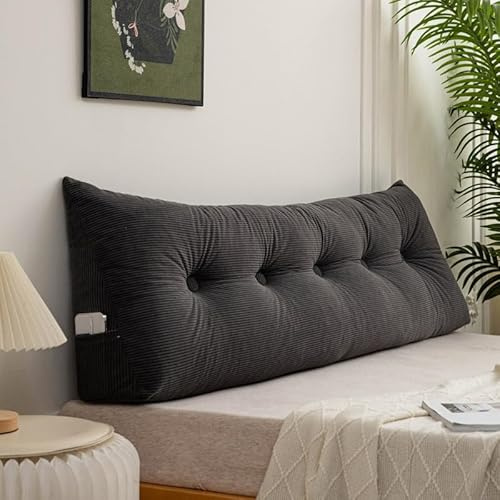 Generisch Rückenkissen Bett 180 cm Cord, Leseknochen Erwachsene Waschbar, Kopfteil Keilkissen Für Sofa, Mit Abnehmbarem Bezug Und Seitenfach, Dreieckiges Wandkissen Lendenkissen,Schwarz,40x 200cm