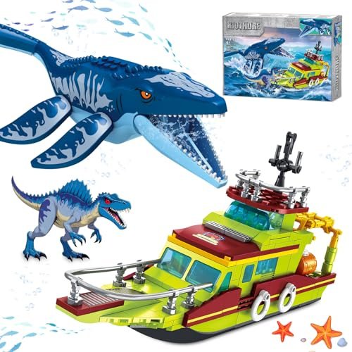 3 IN 1 Ozean Explore Dinosaurier Bauspielzeug Kompatibel mit Dinosaurier Park World, Schiff Boot & Mosasaurus Spinosaurus Dino Spielzeug für Kinder Jungen 6–12 Jahre, Geburtstags Geschenke Jungen