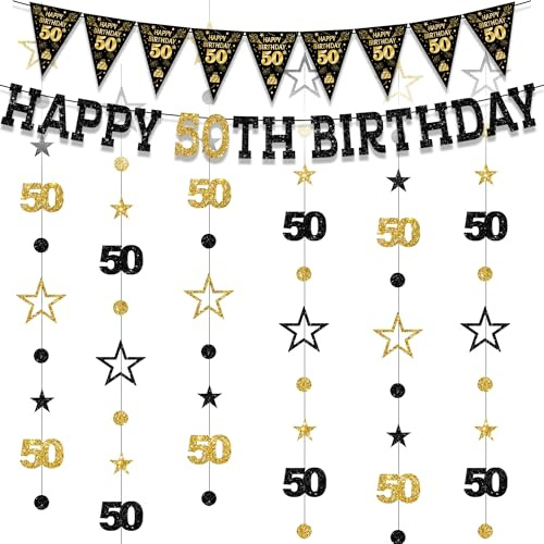 Deko 50. Geburtstag Schwarz Gold - 8 Stück Deko fur Männer Frauen | Schwarz Gold Deko zum 50 Geburtstag mit Banner Dreiecksgirlande Stern Girlande für Männer und Frauen