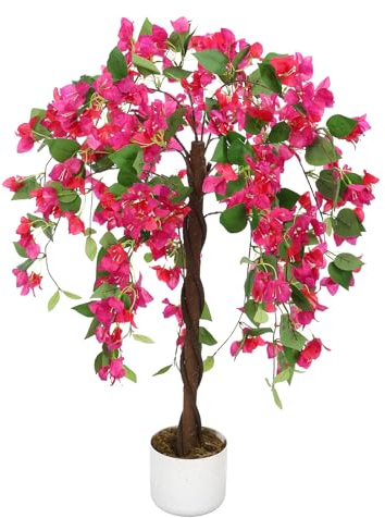 GarveeHome Albero di bouganville artificiale, 90 m/120 m/150 cm, con tronco naturale, fiori da triplo rosa, pianta artificiale realistica in vaso, per giardino, balcone e appartamento