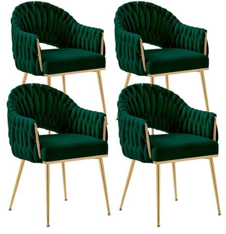 SUPPNEED Samt Esszimmerstühle 4er Set, Sessel Wohnzimmer, Stühle Esszimmer mit Armlehne, Küchenstühle mit handgeflochtenen Hochlehner, Schminktisch Stuhl mit Gold Beine, Balkonstuhl(4,Smaragdgrün)