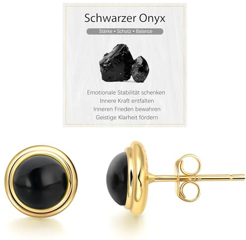 JENDEAR Schwarzer Onyx Ohrringe Silber 925 für Damen Hypoallergene Nickelfrei Natürlicher Edelstein Ohrstecker, 8mm Durchmesser, Schmuck Geschenke (Gold)