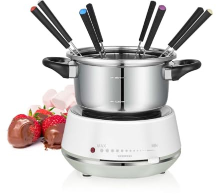Melissa Electric Fondue Set with 2L Stainless Steel Pot, 1200W Rapid Heat with Adjustable Temperature, Rotating Sauce Ring, 8 Forks - White
