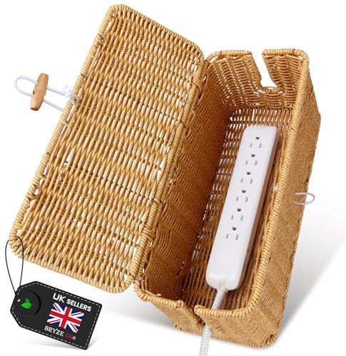 Cable Management Box, Handmade Imitation Rattan with Locked Cover and 2 Open Slots, Cord Organizer Box for Power Strip, Computer, Router, USB Hub, Home & Office Storage