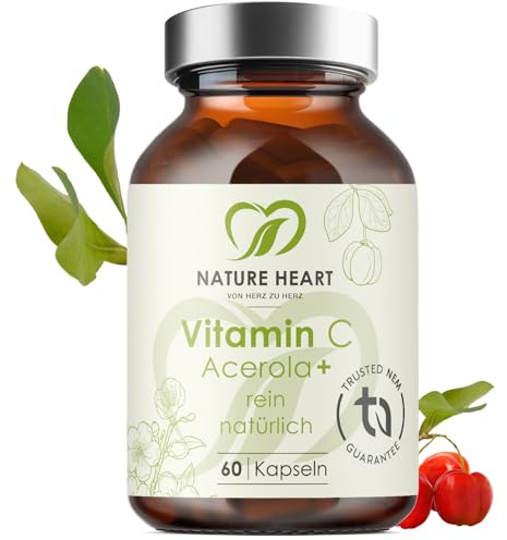 Nature Heart Vitamin C Acerola 60 Kapseln – Natürliches Vitamin C aus Acerola Kirsche – Vegan – Ohne Zusatzstoffe – Immunsystem, Haut & Energie – Hochdosiert
