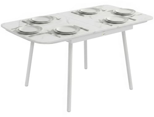 Outsunny Tavolo da Giardino per 6 Persone 140x80 cm Rettangolare Bianco | Tavolo da Pranzo Esterno, Piano in Composito Legno-Plastica Effetto Marmo, Struttura in Metallo, per Patio Terrazzo