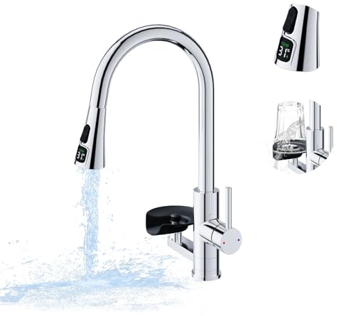 Robinet de Cuisine avec Lave-Verres, Mitigeur Cuisine Douchette Extensible 3 Modes, Affichage LED de la température de l'eau, 360°, Rotatif Acier Inoxydable 304 Brossé, Robinet Évier Multifonction