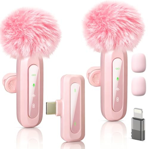 Uewpv Microfono rosa per iPhone e connettore USB-C, microfono lavalier con cancellazione del rumore, display a LED e clip girevole, ideale per vlog, TikTok e creazione di contenuti