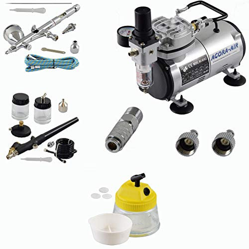 Agora-Tec® Airbrush Komplett-Set EXPERT II.3, inkl. Kompressor mit 4 bar und 20l/min + 2 Airbrushpistolen mit 0,2 & 0,3 & 0,8mm Nadeln/Düsen + 2-Schnellkupplungen + 1 CleanPot + 1 Schlauch + Adapter