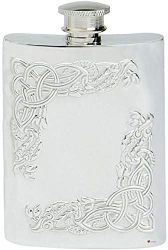 Framed Celtic Serpents Hip Flask 6oz Pewter Kidney Shape Screw Top Engravable