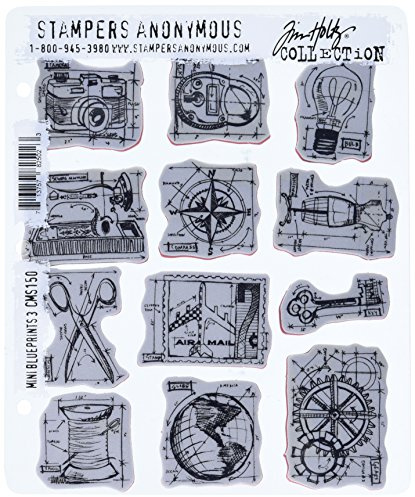 Tim Holtz Cling Mounted Stamp Sets Stampers Anonymous Mini Blueprints 3 Rubber Stamp, Blue