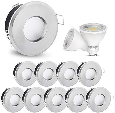linovum 10x LED Bad Einbaustrahler Set IP65 Edelstahl Optik rund 230V - neutralweiß 3W 285 Lumen - für Bad, Küche & Außen