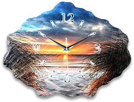 Kreative Feder Designer-Wanduhr aus Stein (Keramik) mit flüsterleisem Funkuhrwerk (Beach, leises Funkuhrwerk)