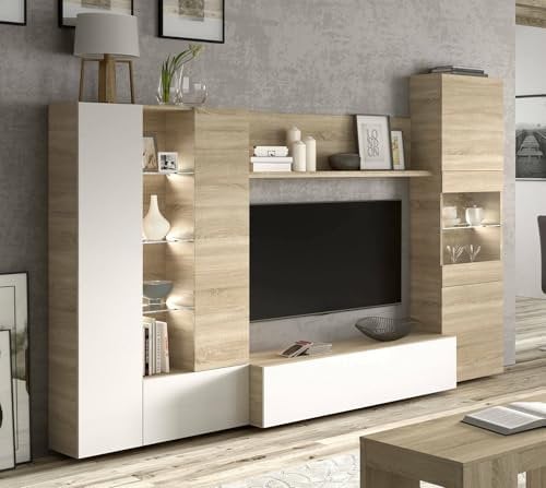 Dmora - Système mural Raleigh, Meuble TV modulaire pour salon, Composition de salon avec éléments muraux et vitrines et lumière LED, 260x42h185 cm, Chêne et Blanc