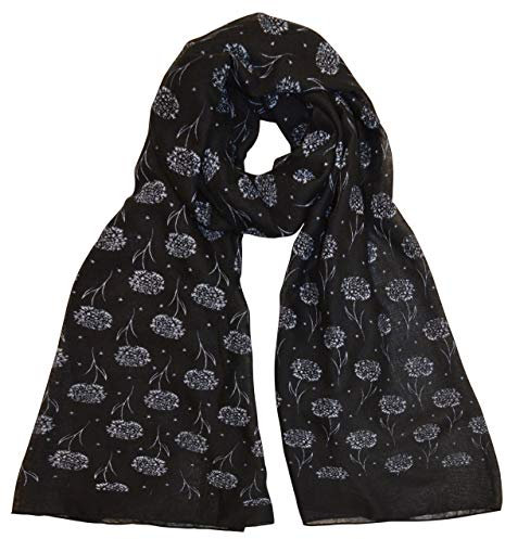 thb Richter Damen Langer Schal mit Pusteblume Natur Blumen Pusteblumen-Muster Tücher Schals Halstuch Elegant (Schwarz)