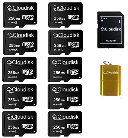 Cloudisk Pack of 10 Micro SD Cards 256MB with MicroSD Adapter Card Reader - Ideal for Small Data, Files, Advertising or Promotion