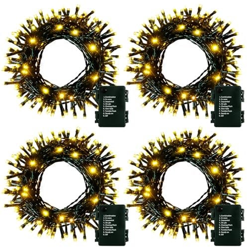 4 Pack Christmas Tree Lights String - 5m 50 LED Outdoor Indoor Battery Operated with Timer 8 Modes Dark Green Wire Fairy Lights for Bedroom Xmas Tree Patio Curtain Festival Decoration, Warm White