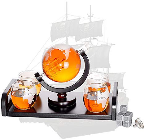 Ensemble De Carafe À Whisky De Bateau Antique, Décanteur De Globe Gravé Du Monde Avec Des Pierres De Whisky, 4 Verres Et Entonnoir De Coulée En Acier Inoxydable, Capacité De 1000 Ml