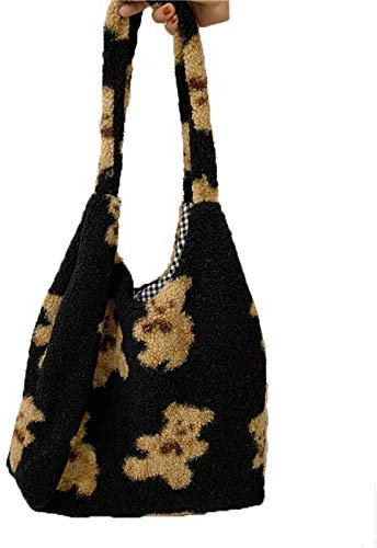 Carolilly Plüsch Schultertasche Damen Cartoon Bär Handtasche Große Kapazität Y2K Tasche für Frauen Y2K Fashion (Schwarz A, Einheitsgröße)