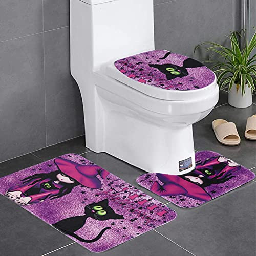 Alvinlite Badgarnitur 3 teilig, Weicher Badematten Set 3 teilig, rutschfeste Bad Teppiche Set, Teppich Badezimmer Set, Halloween Hexe Muster Bad Garnituren Set 3 Teilig, Lila