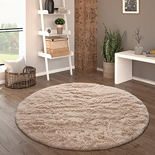 Paco Home Hochflor Teppich Rund Wohnzimmer Schlafzimmer rutschfest Shaggy Modern Flauschig Einfarbig Langflor Kunstfell, Grösse:160 cm Rund, Farbe:Beige