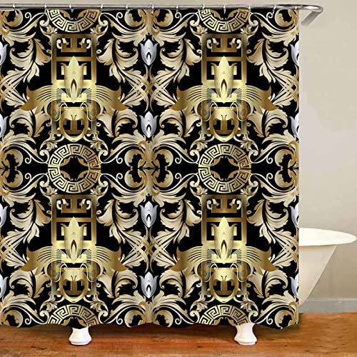 Duschvorhang-Set 3D Schwarz Gold Griechischer Schlüssel Mäander Badezimmer Vorhänge Modern Geometrische Badteppich Dekor Abstraktes Muster Gestreifte Spitzenbordüre Kreis Design Home - 220 x 180 cm